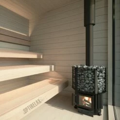 Aussensauna OPTIRELAX® Style M -Baden Verkaufs-Shop Gartensauna OPTIRELAX Style M helles Holz Panorama Saunahaus mit Holzofen 1280x1280