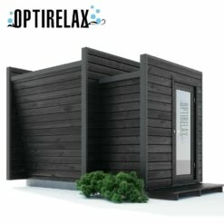 Design Saunahaus OPTIRELAX® Style M+ -Baden Verkaufs-Shop Gartensauna von hinten mit OPTIRELAX Aussensauna Style mit Vorraum 1280x1280